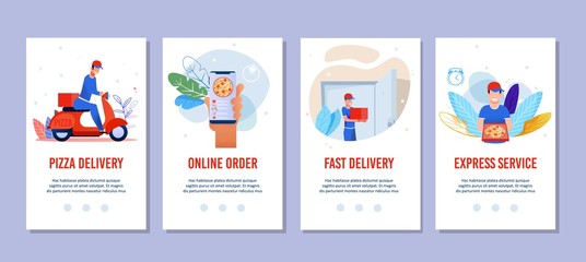 Flat Mobile Pages Set for Pizza Delivery Services