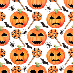 Seamless halloween hand drawn watercolor pattern. Happy and horror pumpkins with face, bats, spiders and candies on white background