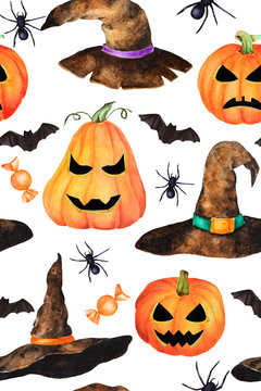 Seamless halloween hand drawn watercolor pattern. Pumpkins with face, magiÑ witch hats, bats, spiders and candies on white background