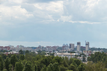 Yaroslavl. View from height. View from the monastery belfry of the Transfiguration monastery. Modern buildings in the old town