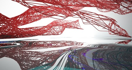 White and smooth red lines abstract architectural background with water. 3D illustration and rendering