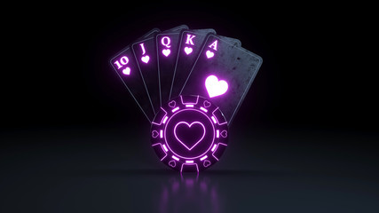 Cards Concept Royal Flush in Hearts With Neon Lights Isolated On The Black Background - 3D Illustration