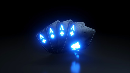 Cards Concept Four Aces in Spades With Neon Lights Isolated On The Black Background - 3D Illustration - obrazy, fototapety, plakaty