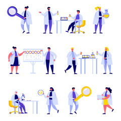 Set of flat people science laboratory staff characters. Bundle cartoon people performing various experiments isolated on white background. Vector illustration in flat modern style.