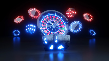 Casino Futuristic Concept Design Roulette Wheel and Poker Cards - 3D Illustration