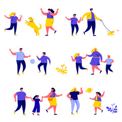 Fototapeta premium Set of flat people family walks in the park characters. Bundle cartoon people parents with children play with a dog isolated on white background. Vector illustration in flat modern style.