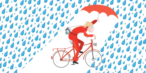 man with an umbrella and camera rides bicycle in the rain. a good shot is more important than the weather