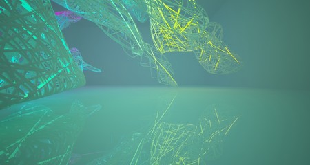 Abstract architectural smooth white interior of a minimalist wires with color gradient neon lighting. 3D illustration and rendering.