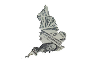 Map of England made with dollars on white background