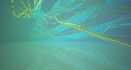 Abstract architectural smooth white interior of a minimalist wires with color gradient neon lighting. 3D illustration and rendering.