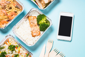 Food delivery concept - healthy lunch in boxes.