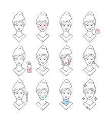 Skin care icon. Face cream soap washed collagen eye creme makeup line cleanse pore vector symbols. Illustration care face skin, girl facial cosmetic mask