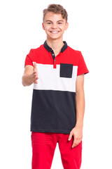 Happy smiling teen boy giving hand for handshake, isolated on white background. Cute child extending hand at camera for handshake. Beautiful caucasian teenager stretching hand in greeting gesture.
