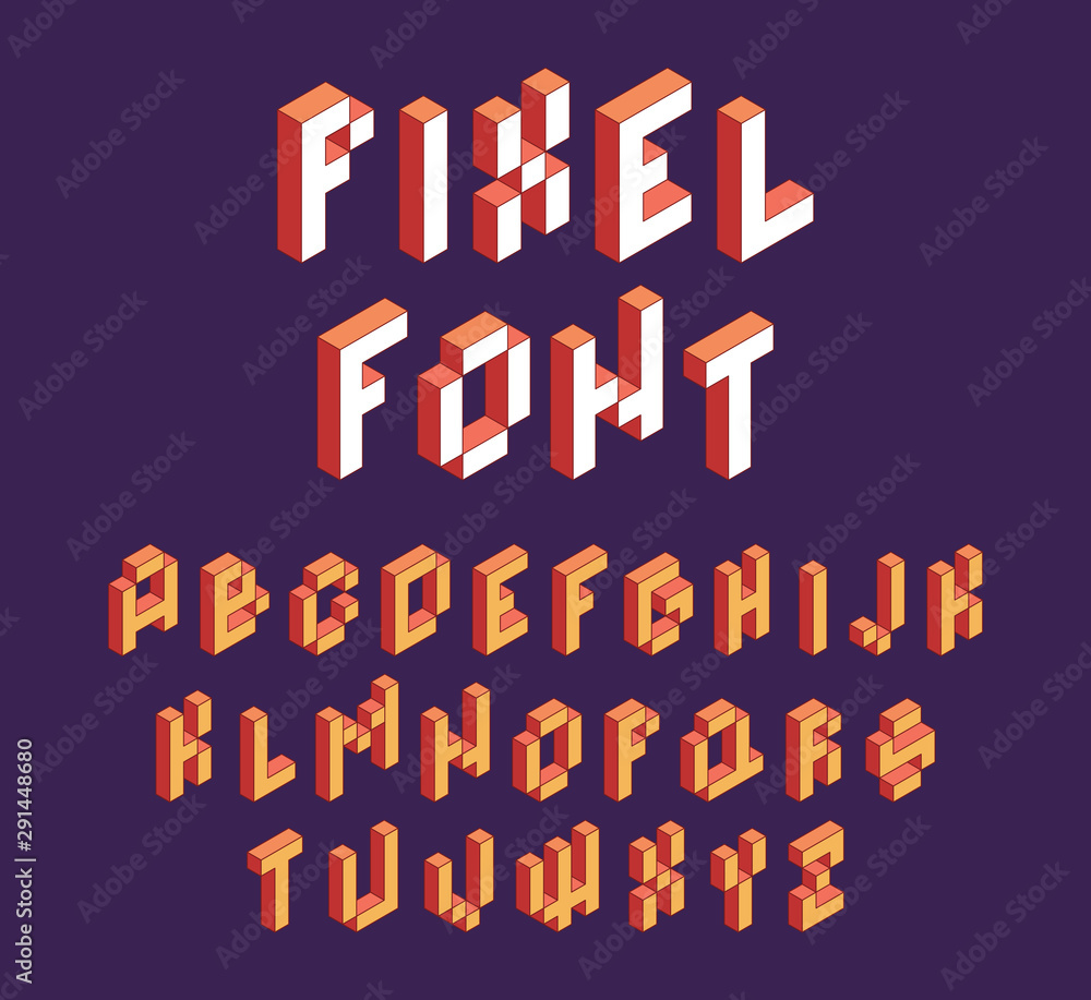 Poster pixel font. retro block alphabet game in retro style 90s cubic letters vector isometric font. illust