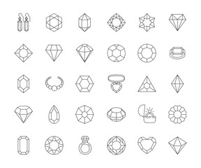 Jewels collection. Diamonds gems rings shiny luxury objects gifts vector outline symbols. Illustration jewel diamond, gemstone and brilliant