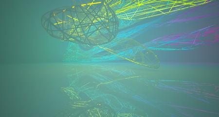 Abstract architectural smooth white interior of a minimalist wires with color gradient neon lighting. 3D illustration and rendering.