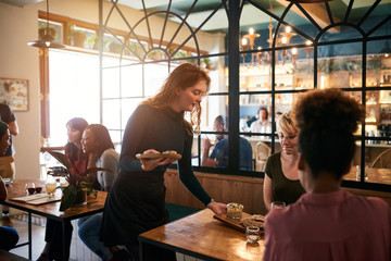 Young waitress serving food to a table of smiling customers