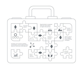 Business infographic. Case with puzzle forms advertising concept idea success steps puzzle background vector. Illustration business case infographic, bag with puzzle diagram