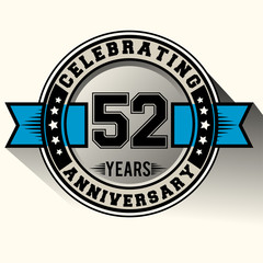 Celebrating 52 years anniversary logo vintage emblem with blue ribbon. Retro vector background.