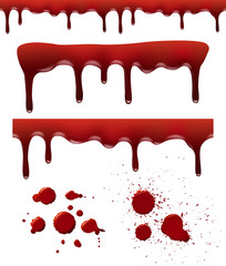 Blood splashes. Red dribble drops bloodstain splash liquid elements brush textures vector realistic template. Illustration blood splash, splatter dirty liquid