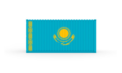 3D Illustration of Cargo Container with Kazakhstan Flag on white background with shadows. Delivery, transportation, shipping freight transportation.