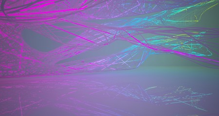 Abstract architectural smooth white interior of a minimalist wires with color gradient neon lighting. 3D illustration and rendering.