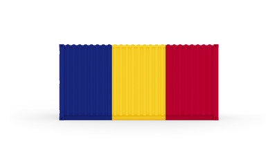 3D Illustration of Cargo Container with Romania Flag on white background with shadows. Delivery, transportation, shipping freight transportation.