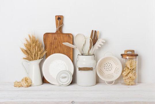 Bakery decor concept, front view on table over white wall