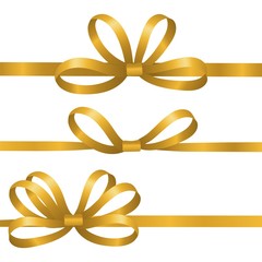 Gold silk ribbons. Satin bows vector elements. Realistic ribbons for gift wrapping isolated on white background. Bow satin or silk to birthday gift illustration