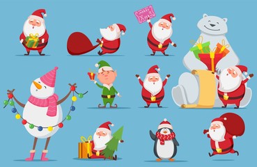 Fototapeta premium Santa Claus set. Christmas characters. Cute Santa, polar bear, penguin vector illustration. Penguin christmas, snowman xmas and elf