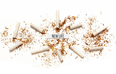 Cigarettes on white background. Addiction to smoking, harm of tobacco smoke. Bad habit, smoking kills.