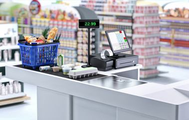 Supermarket cashier checkout work place with card payment terminal, order screen, shopping market basket with assorted grocery products, fresh food, drinks. Budget planning, money saving, economy. 3D