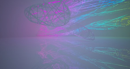 Abstract architectural smooth white interior of a minimalist wires with color gradient neon lighting. 3D illustration and rendering.