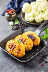 Baked cabbage rissoles in cast iron skillet. Selective focus, copy space.