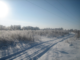 Winter road in a clean flat field on a clear frosty day. The sky is clear, blue and transparent. Snow covered the field in an endless carpet. The ruts of the road cut through the snowy surface.