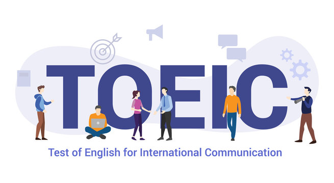 toeic test of english for international communication concept with big word or text and team people with modern flat style - vector