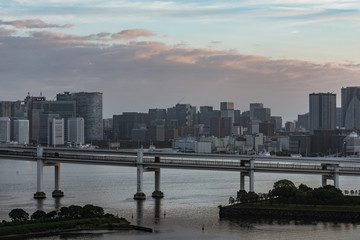 Panoramic modern city skyline bird eye aerial view of Tokyo bay in the dawn