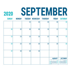 September 2020. Calendar planner. English calender template. Vector square grid. Office business planning. Creative design. Blue color