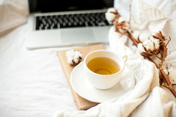 A white mug with tea, cotton, a laptop, a plaid and a book stand on the bed. Breakfast in bed. Cozy. Autumn. Winter.