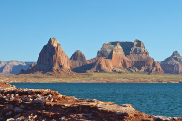 The rocky landscape of the canyon area of the warm desert lake. 