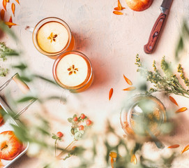 Apple milled wine or apple tea in glass cups , top view.