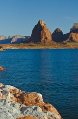 A long view of the towers and rocks of the red lake powell landscape. 