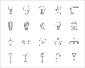 Set of lighting and interior Icons line style. Included the icons as illumination, floor lamp, candle, wall lamp, home decoration, chandelier, lights and more.
