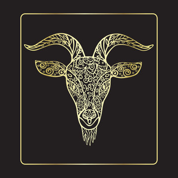 Goat head in a frame. Doodle style.  Logo vector isolated. Handmade ornament with a golden gradient on a black background.
