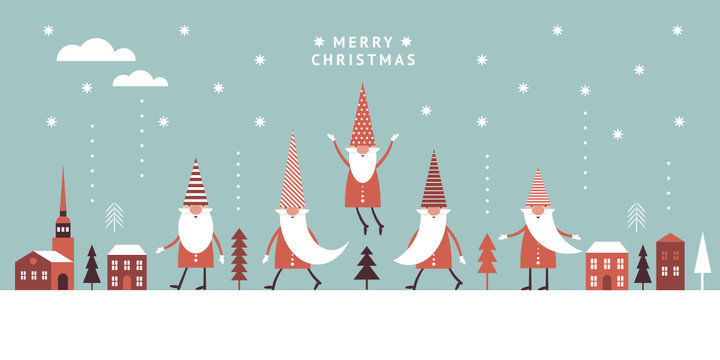 Horizontal Christmas Card, Seasons greetings, cute  Gnomes in red hats 