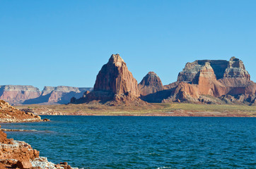 The wide landscape of the red rock landscape in the dusk sunlight. 