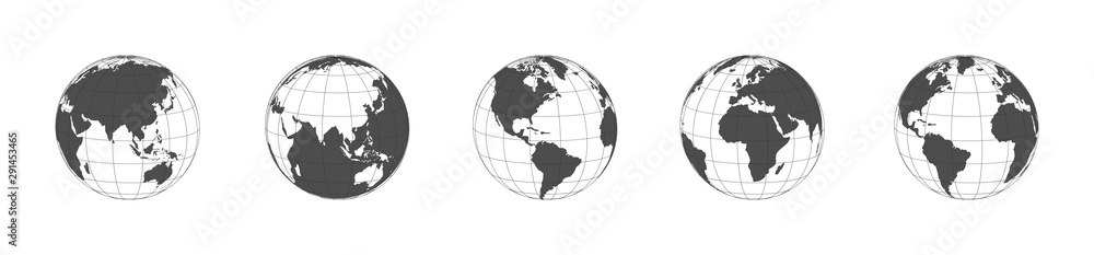 Wall mural earth globe icons set in a row. panorama view. earth globe dark icons isolated on white background. 