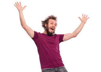 Happy bearded man raised up arms at you. Friendly and sincere crazy male show warm welcome pulling hands, isolated on white background. Smiling man with outstretched hands to embrace someone.
