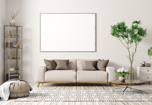 Interior of modern living room with beige sofa and big mock up poster 3d rendering