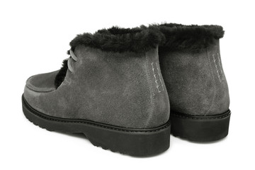 pair of gray suede boots, back side, white background, winter shoes